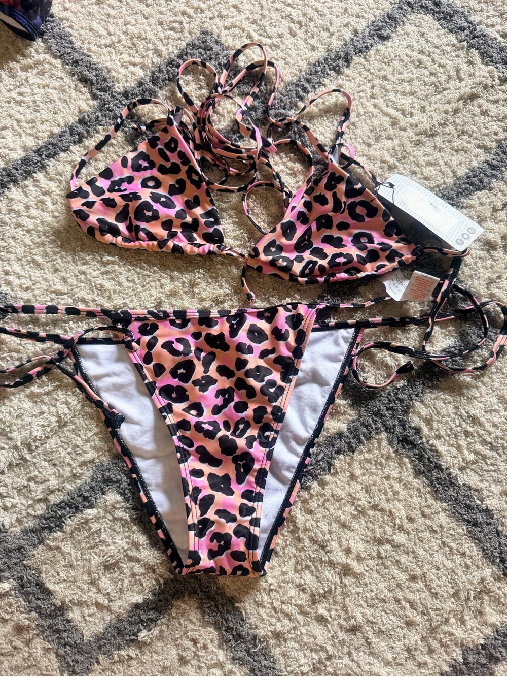 Woman’s Pink Leopard Print String Bikini Swim Set